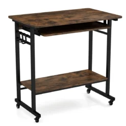 Schreibtisch mit Rollen & Tastaturablage & Ablagefläche unten & Haken Computertisch Braun