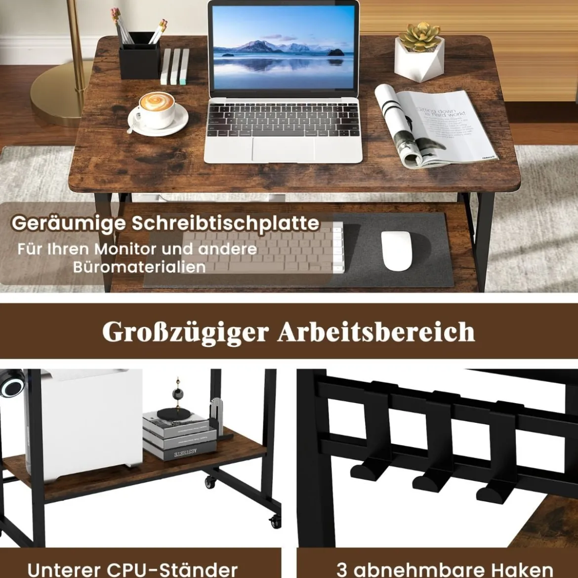 Schreibtisch mit Rollen & Tastaturablage & Ablagefläche unten & Haken Computertisch Braun