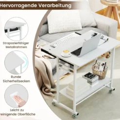 Schreibtisch mit Rollen & Tastaturablage & Ablagefläche unten & Haken Computertisch Weiß