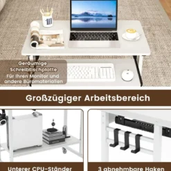 Schreibtisch mit Rollen & Tastaturablage & Ablagefläche unten & Haken Computertisch Weiß