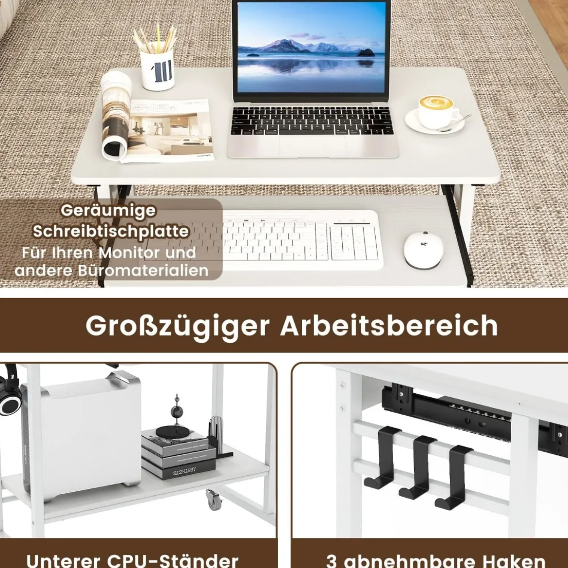Schreibtisch mit Rollen & Tastaturablage & Ablagefläche unten & Haken Computertisch Weiß