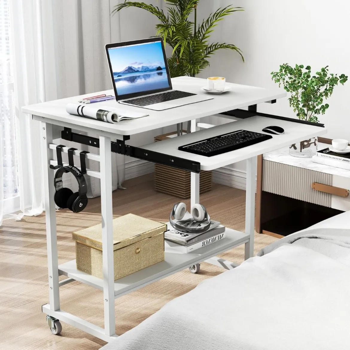 Schreibtisch mit Rollen & Tastaturablage & Ablagefläche unten & Haken Computertisch Weiß