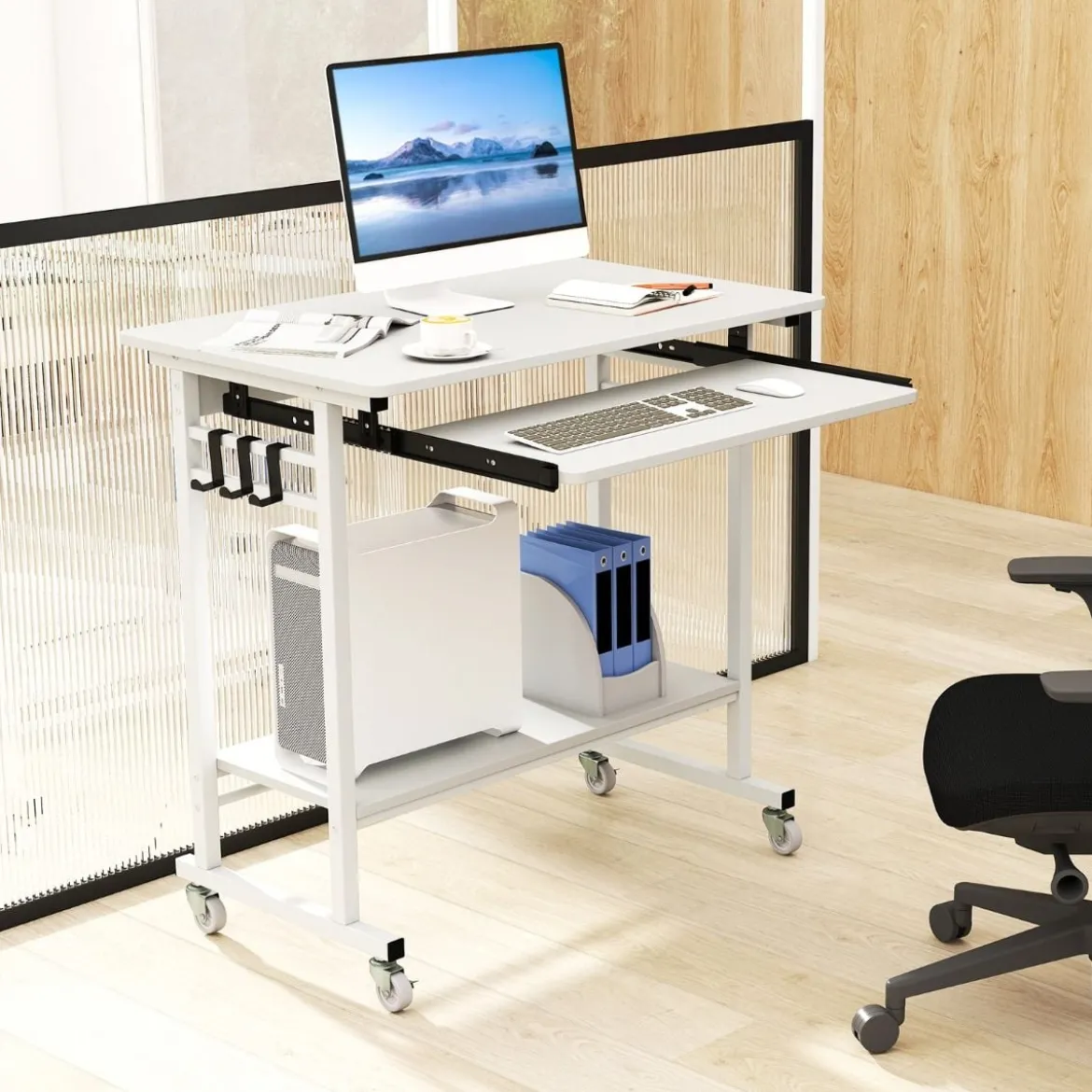 Schreibtisch mit Rollen & Tastaturablage & Ablagefläche unten & Haken Computertisch Weiß