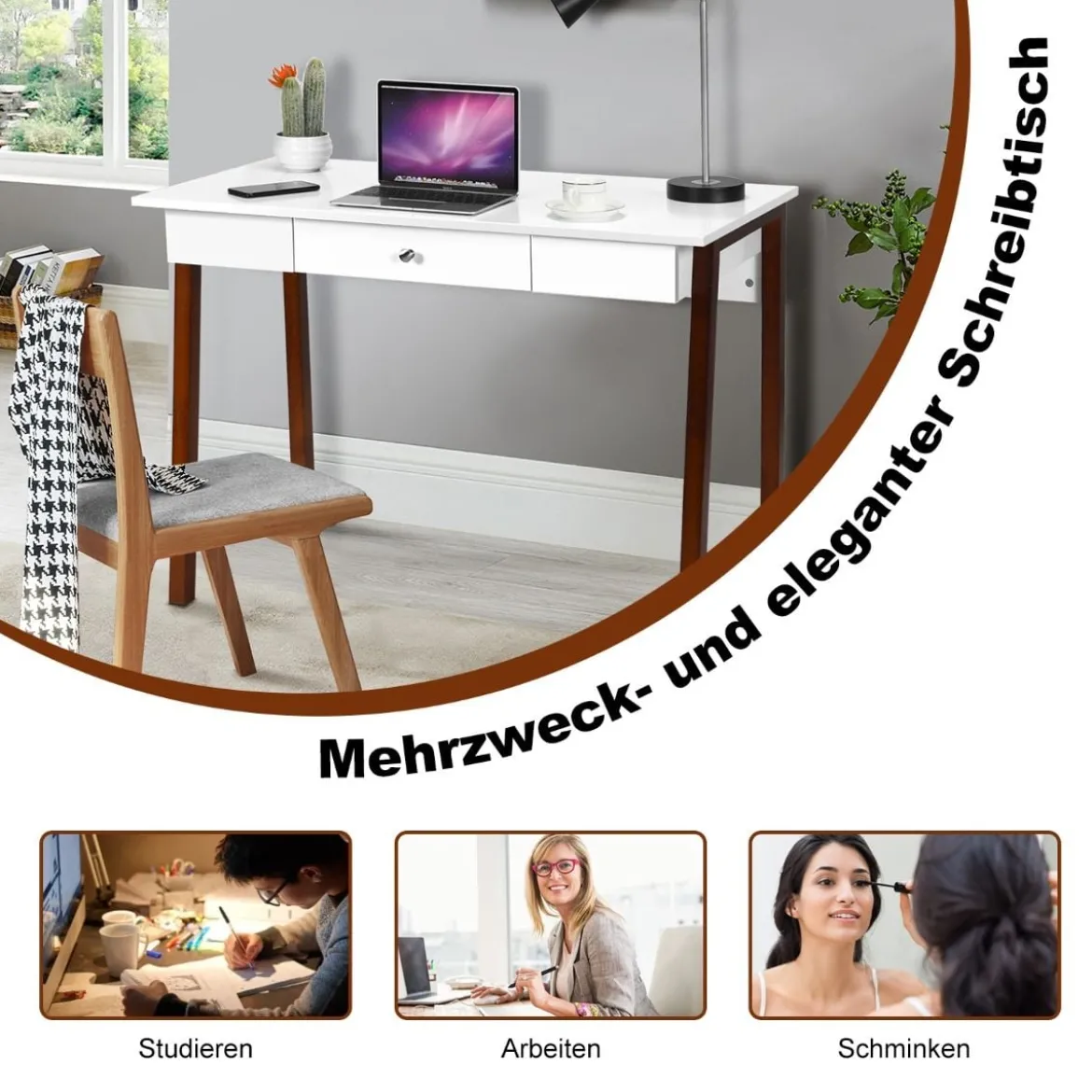 Schreibtisch mit Schublade Computertisch Kautschuk Tischbeine Schminktisch Bürotisch Braun