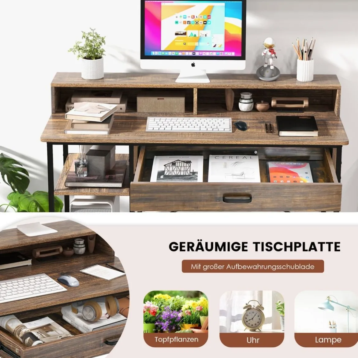 Schreibtisch mit Schublade Monitorständer & 2 offenen Regalen Computertisch mit Metallrahmen 120 x 56 x 90,5 cm
