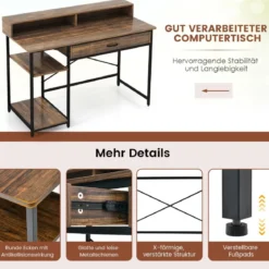 Schreibtisch mit Schublade Monitorständer & 2 offenen Regalen Computertisch mit Metallrahmen 120 x 56 x 90,5 cm
