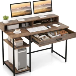 Schreibtisch mit Schublade Monitorständer & 2 offenen Regalen Computertisch mit Metallrahmen 120 x 56 x 90,5 cm