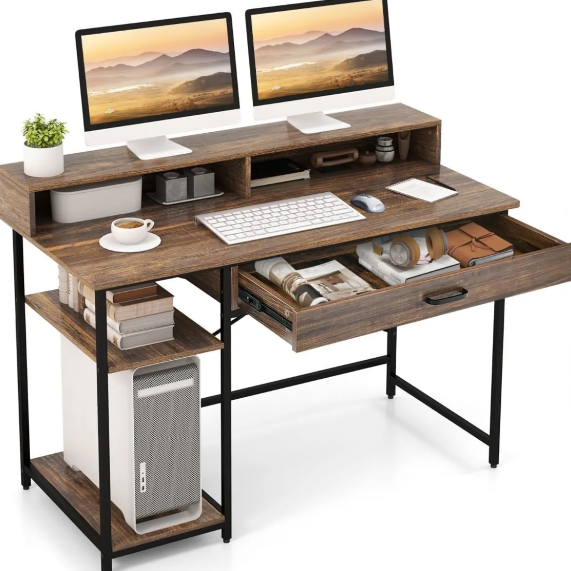 Schreibtisch mit Schublade Monitorständer & 2 offenen Regalen Computertisch mit Metallrahmen 120 x 56 x 90,5 cm