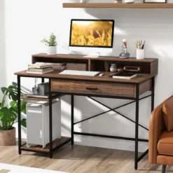 Schreibtisch mit Schublade Monitorständer & 2 offenen Regalen Computertisch mit Metallrahmen 120 x 56 x 90,5 cm