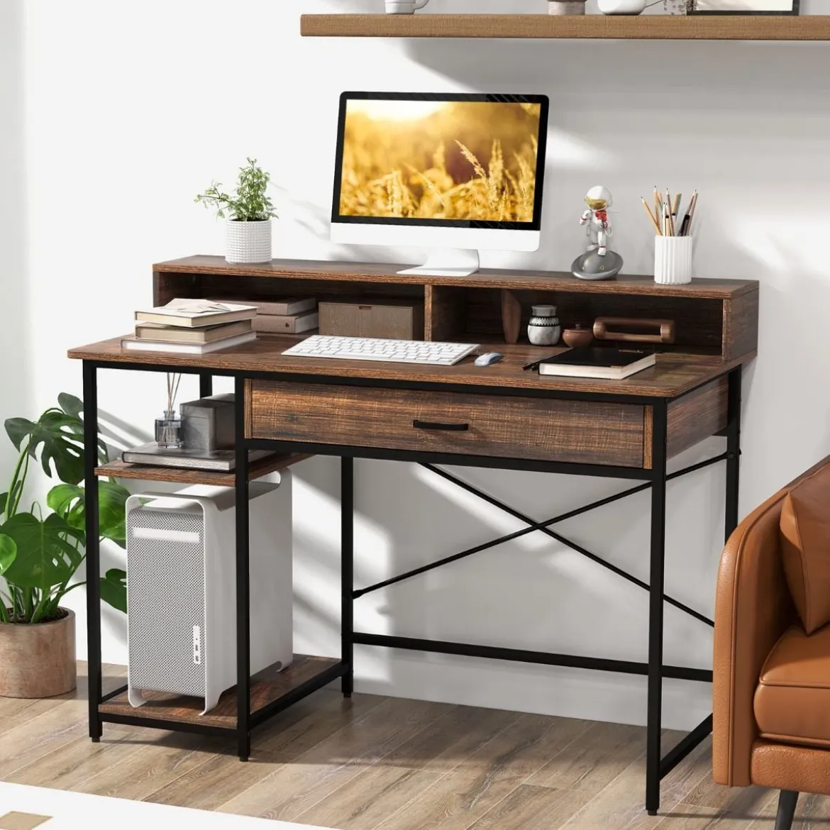 Schreibtisch mit Schublade Monitorständer & 2 offenen Regalen Computertisch mit Metallrahmen 120 x 56 x 90,5 cm