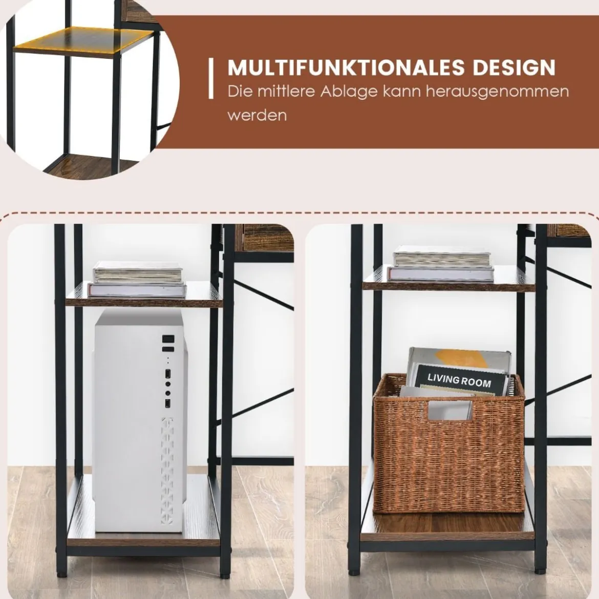 Schreibtisch mit Schublade Monitorständer & 2 offenen Regalen Computertisch mit Metallrahmen 120 x 56 x 90,5 cm