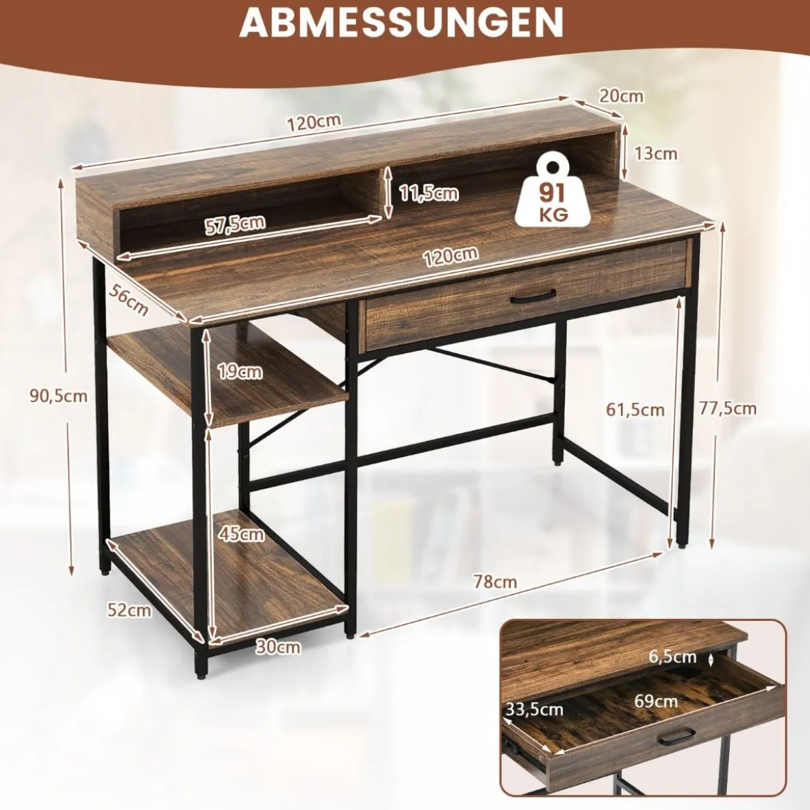 Schreibtisch mit Schublade Monitorständer & 2 offenen Regalen Computertisch mit Metallrahmen 120 x 56 x 90,5 cm