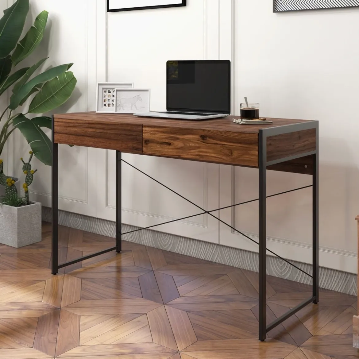 Schreibtisch mit 2 Schubladen & Robustem Stahlrahmen & Verstärkter Struktur 112 x 48 x 76 cm