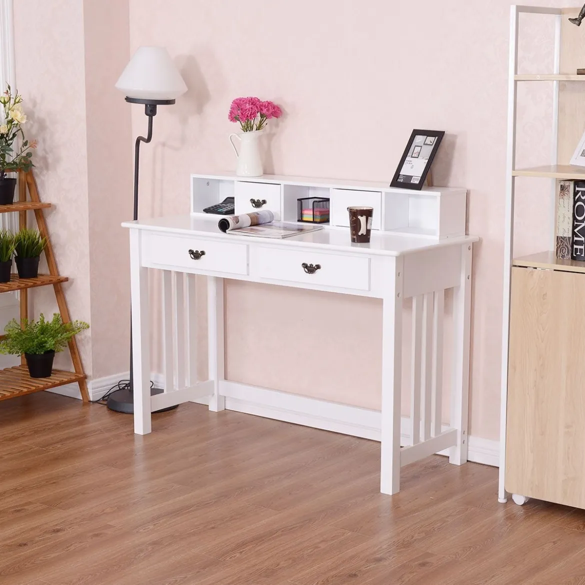 Schreibtisch mit 4 Schubladen 2-stöckiger Tisch Computertisch mit abnehmbarem Aufsatz 120 x 48 x 77 cm Weiß
