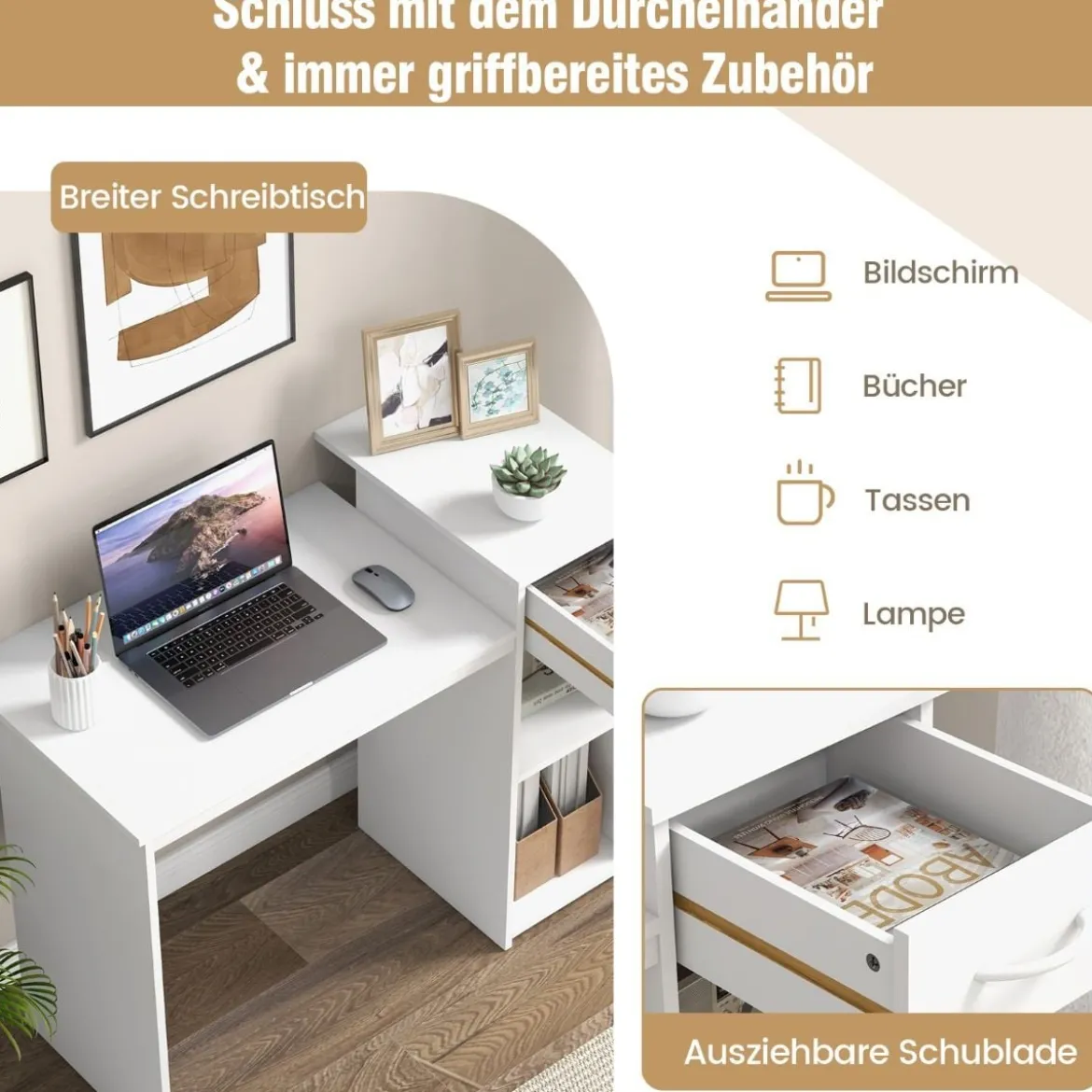 Schreibtisch mit Schublade und verstellbarem Regal Computertisch mit Kabelloch 110 x 50 x 82 cm Weiß