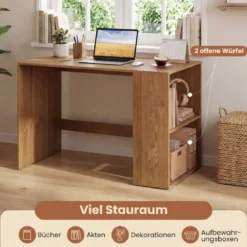Schreibtisch mit Stauraum & 2 Offenen Seitenregalen Platzsparender Computertisch PC-Tisch Natur