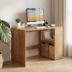 Schreibtisch mit Stauraum & 2 Offenen Seitenregalen Platzsparender Computertisch PC-Tisch Natur