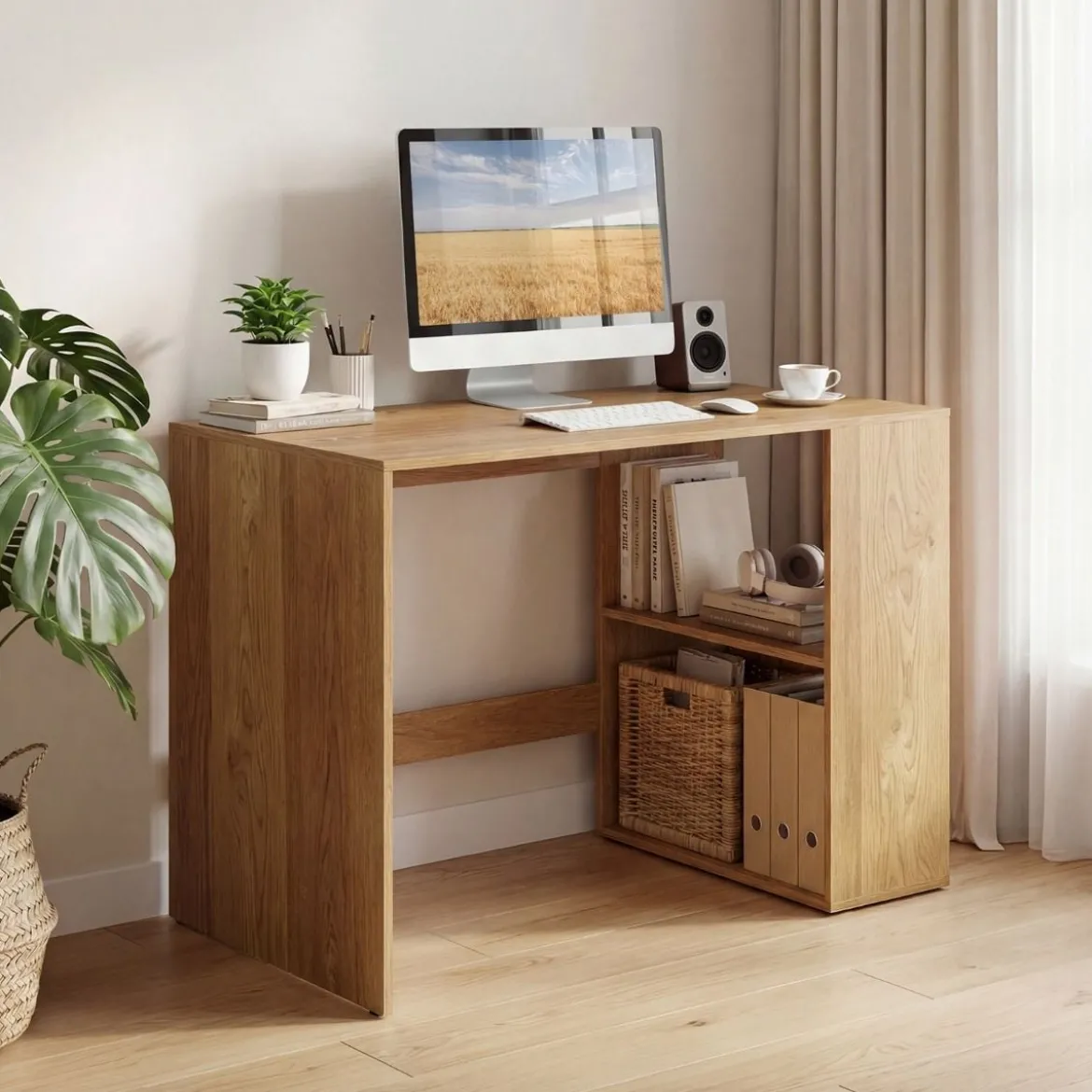 Schreibtisch mit Stauraum & 2 Offenen Seitenregalen Platzsparender Computertisch PC-Tisch Natur