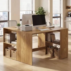 Schreibtisch mit Stauraum & 2 Offenen Seitenregalen Platzsparender Computertisch PC-Tisch Natur