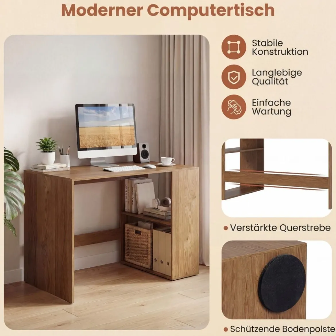 Schreibtisch mit Stauraum & 2 Offenen Seitenregalen Platzsparender Computertisch PC-Tisch Natur