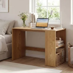 Schreibtisch mit Stauraum & 2 Offenen Seitenregalen Platzsparender Computertisch PC-Tisch Natur
