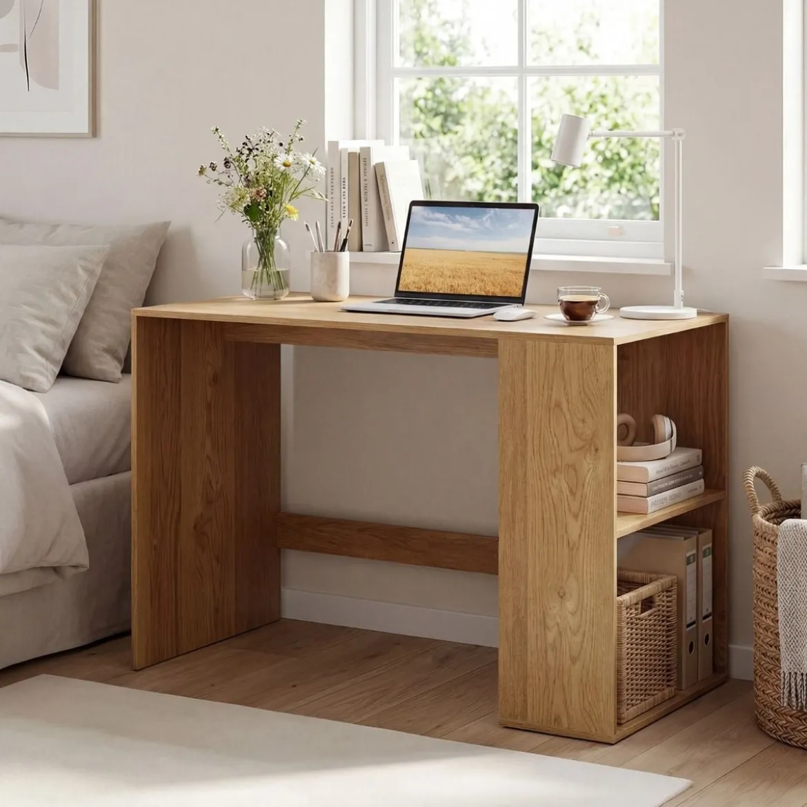 Schreibtisch mit Stauraum & 2 Offenen Seitenregalen Platzsparender Computertisch PC-Tisch Natur