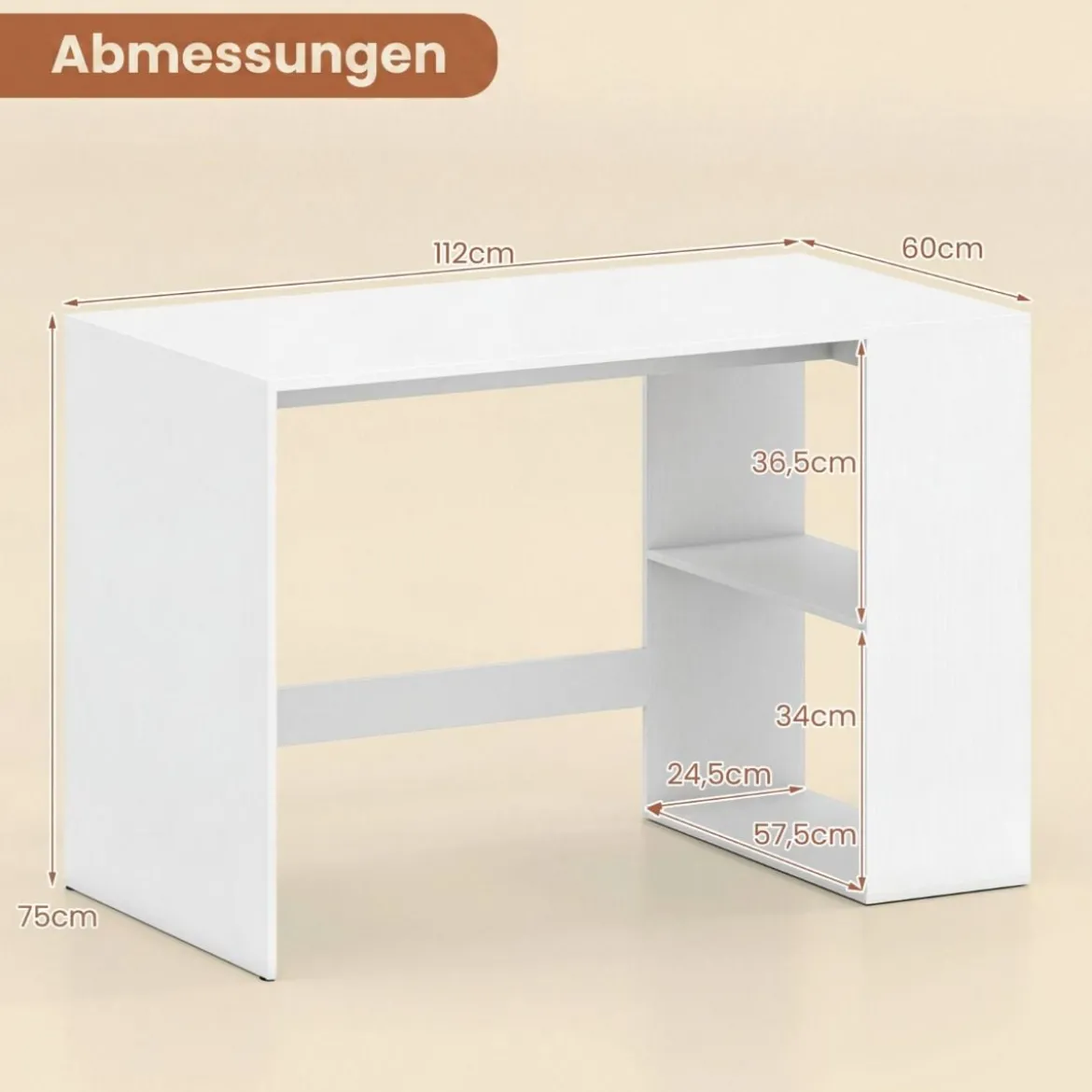 Schreibtisch mit Stauraum & 2 Offenen Seitenregalen Platzsparender Computertisch PC-Tisch Weiß