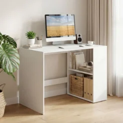 Schreibtisch mit Stauraum & 2 Offenen Seitenregalen Platzsparender Computertisch PC-Tisch Weiß