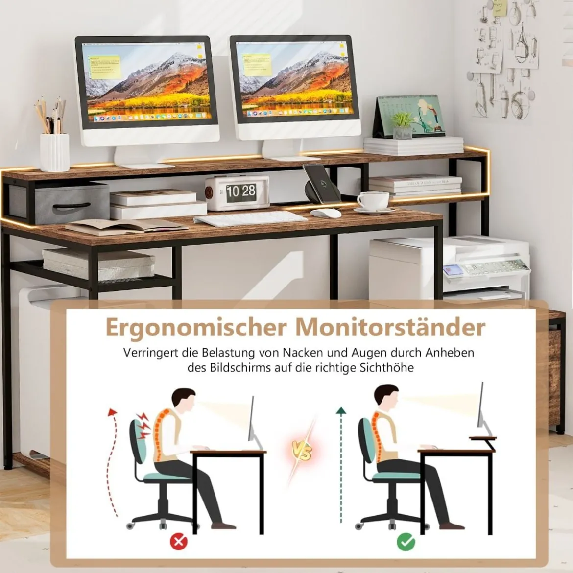 Schreibtisch mit Steckdosen & USB-Anschlüssen & Monitorständer & Druckerständer Computertisch
