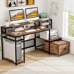 Schreibtisch mit Steckdosen & USB-Anschlüssen & Monitorständer & Druckerständer Computertisch