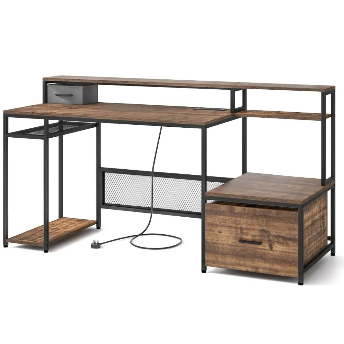 Schreibtisch mit Steckdosen & USB-Anschlüssen & Monitorständer & Druckerständer Computertisch
