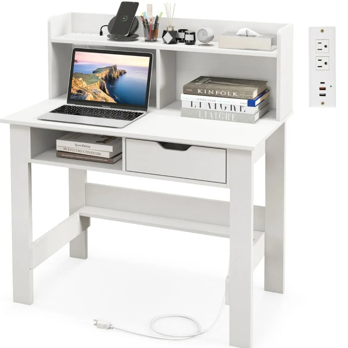 Schreibtisch mit Steckdosen Kleiner Computertisch mit Aufsatz 95 x 56 x 109,5 cm Weiß/Schwarz