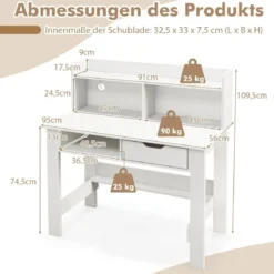 Schreibtisch mit Steckdosen Kleiner Computertisch mit Aufsatz 95 x 56 x 109,5 cm Weiß/Schwarz