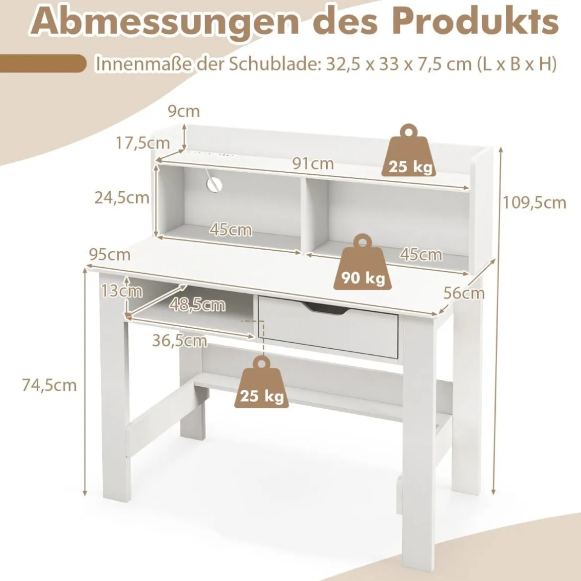 Schreibtisch mit Steckdosen Kleiner Computertisch mit Aufsatz 95 x 56 x 109,5 cm Weiß/Schwarz