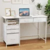 Schreibtisch mit 5 Stoffschubladen Computertisch mit Regal PC Tisch für kleine Räume Weiß