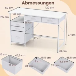 Schreibtisch mit 5 Stoffschubladen Computertisch mit Regal PC Tisch für kleine Räume Weiß