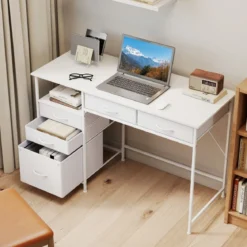 Schreibtisch mit 5 Stoffschubladen Computertisch mit Regal PC Tisch für kleine Räume Weiß