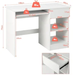 Schreibtisch mit Tastaturablage & Schublade & Verstellbarem Regal Computertisch 108 x 48 x 75 cm Weiß