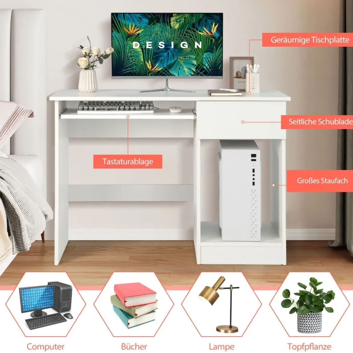 Schreibtisch mit Tastaturablage & Schublade & Verstellbarem Regal Computertisch 108 x 48 x 75 cm Weiß