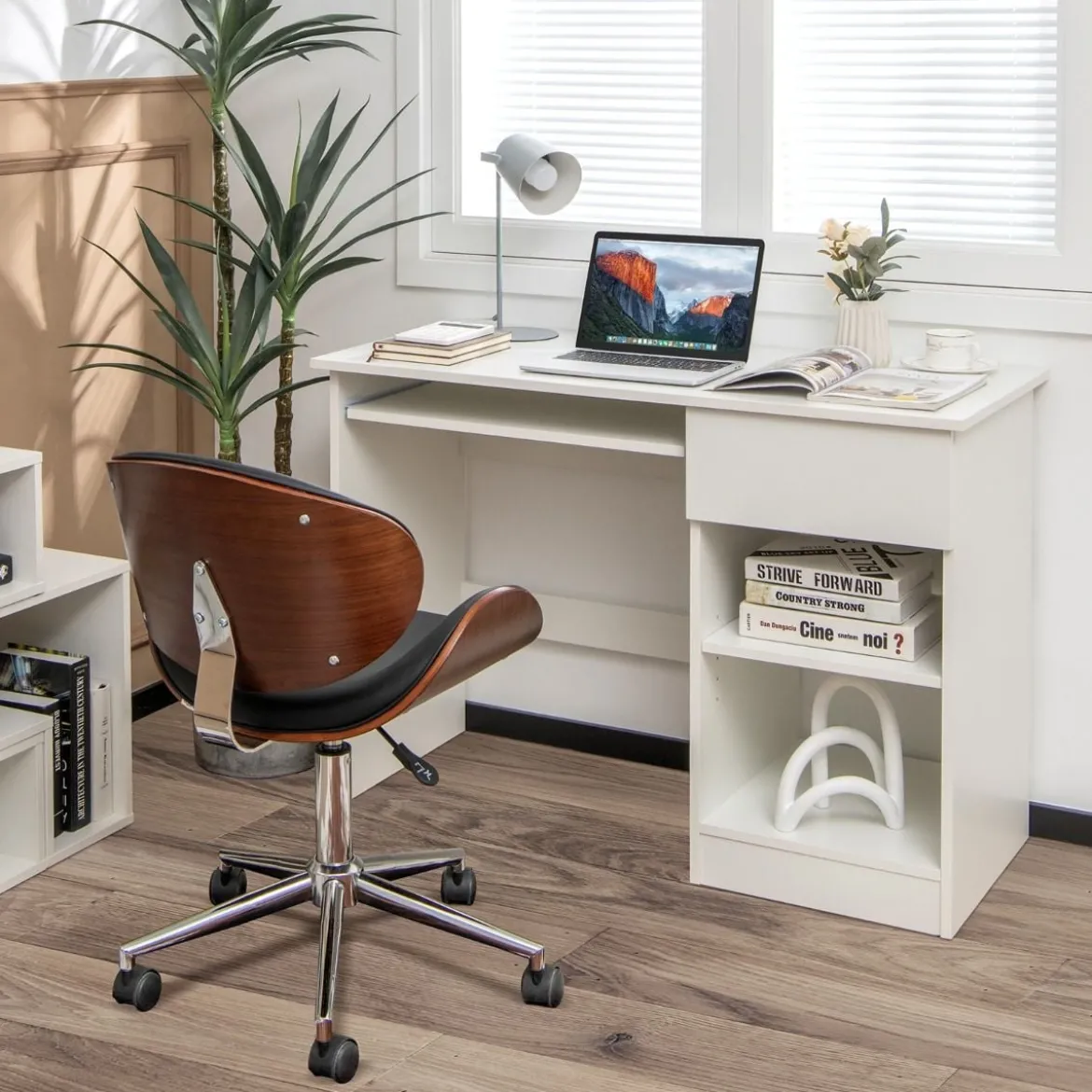 Schreibtisch mit Tastaturablage & Schublade & Verstellbarem Regal Computertisch 108 x 48 x 75 cm Weiß
