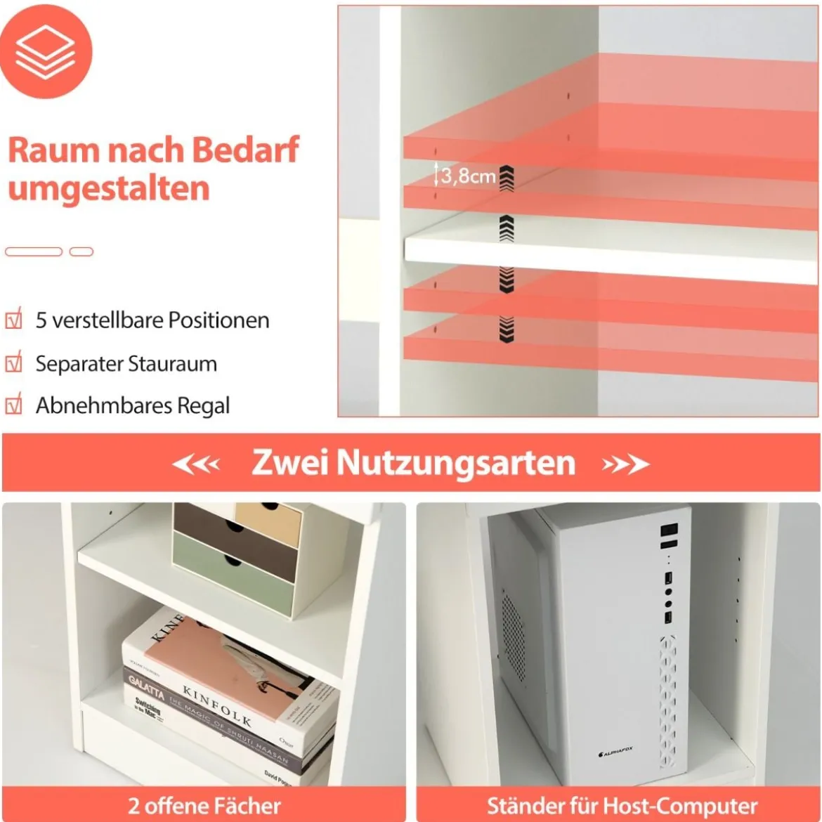 Schreibtisch mit Tastaturablage & Schublade & Verstellbarem Regal Computertisch 108 x 48 x 75 cm Weiß