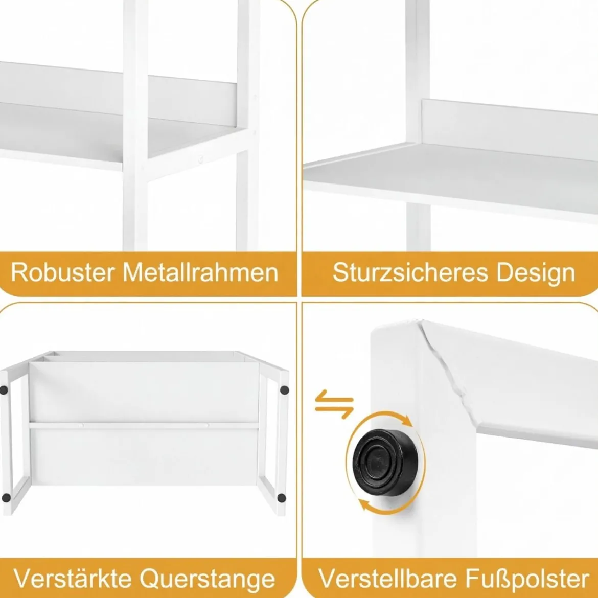 Schreibtischregal mit Absturzsicherung & Verstellbaren Fußpolstern 3-stufiges Bücherregal Weiß