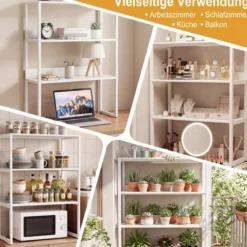 Schreibtischregal mit Absturzsicherung & Verstellbaren Fußpolstern 3-stufiges Bücherregal Weiß