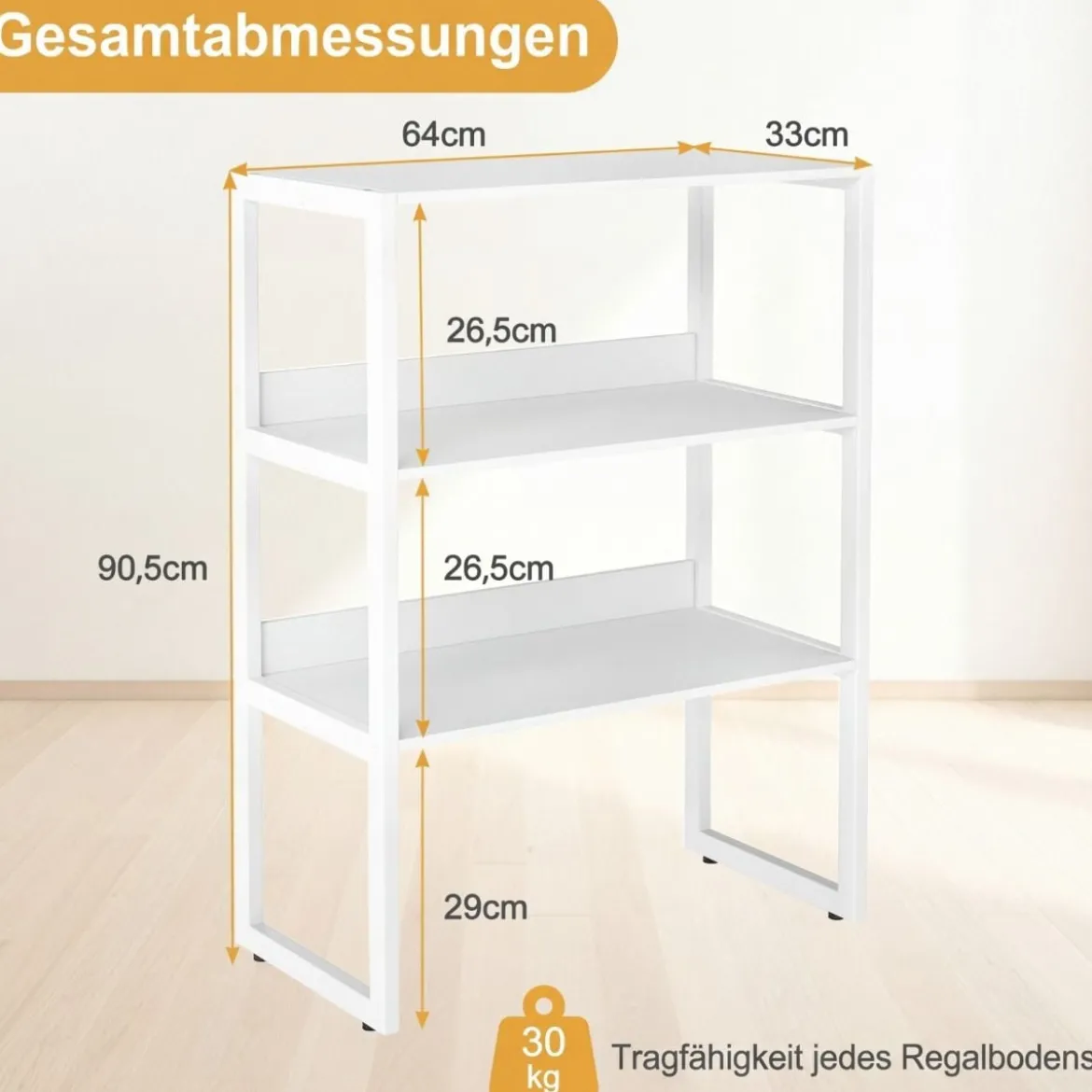 Schreibtischregal mit Absturzsicherung & Verstellbaren Fußpolstern 3-stufiges Bücherregal Weiß