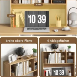 Schreibtischregal mit 4 Fächern Tischregal Schreibtisch Aufsatzregal Bücherregal 94 x 25 x 73 cm