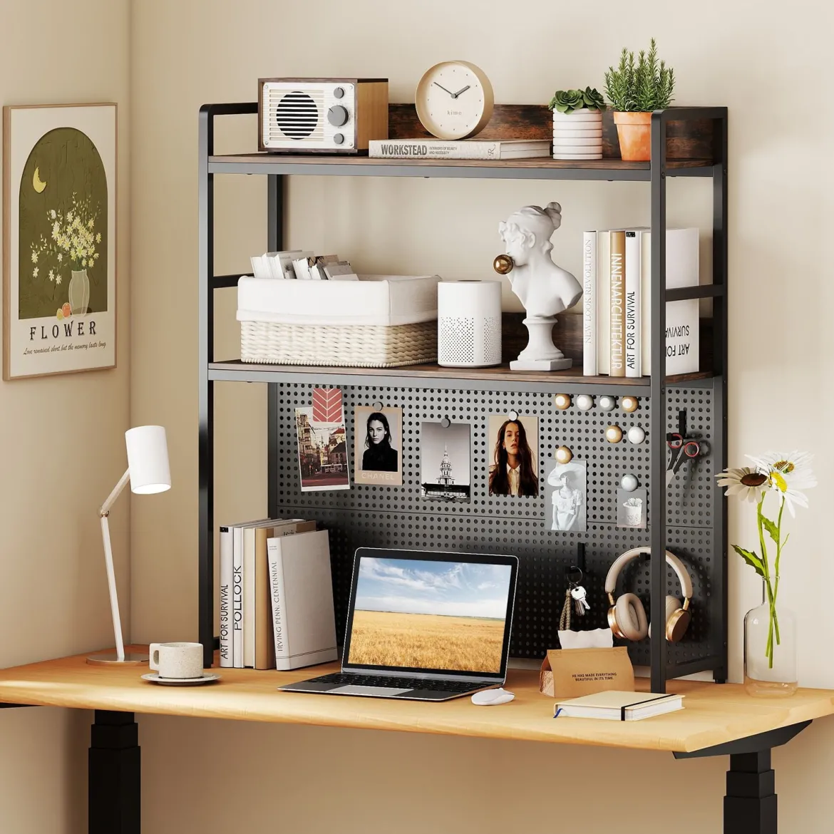 Schreibtischregal mit Stecktafel & Metallrahmen Tischregal Schreibtisch Aufsatzregal Bücherregal