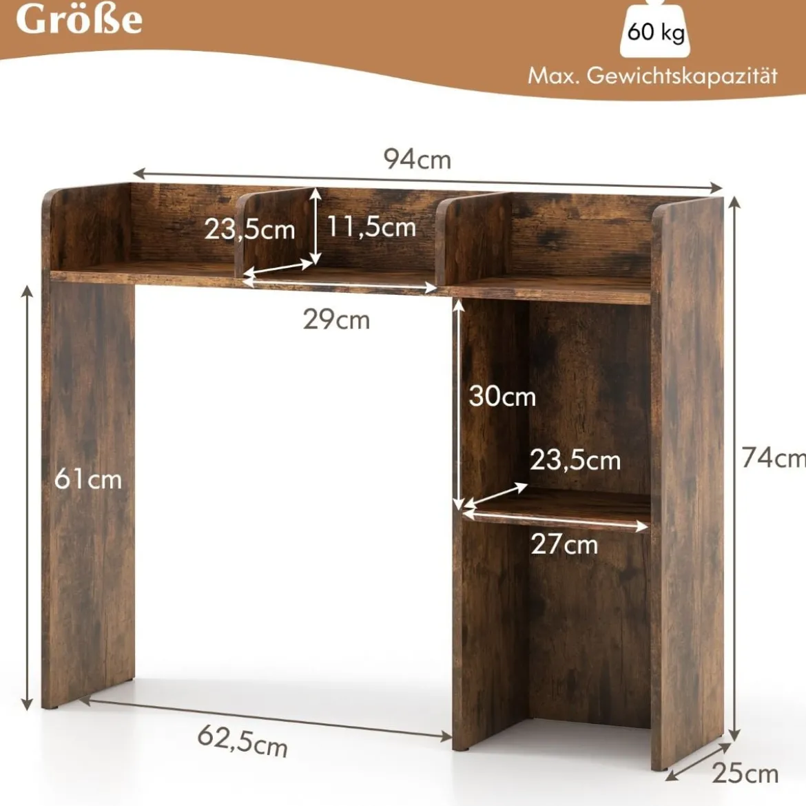 Schreibtischregal Tischregal mit 4 Ablagen und offenem Fach 94 x 25 x 74 cm Rustikales Braun/Natur/Weiß