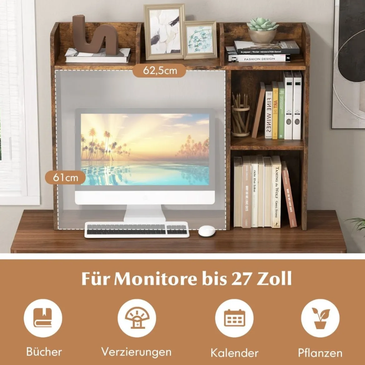 Schreibtischregal Tischregal mit 4 Ablagen und offenem Fach 94 x 25 x 74 cm Rustikales Braun/Natur/Weiß