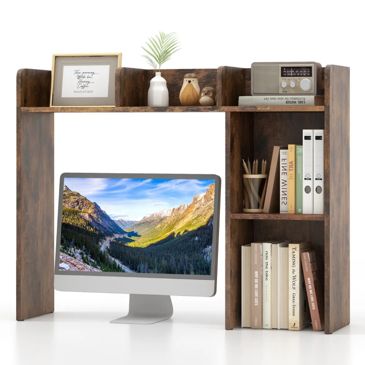 Schreibtischregal Tischregal mit 4 Ablagen und offenem Fach 94 x 25 x 74 cm Rustikales Braun/Natur/Weiß