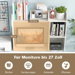Schreibtischregal Tischregal mit 4 Ablagen und offenem Fach 94 x 25 x 74 cm Rustikales Braun/Natur/Weiß